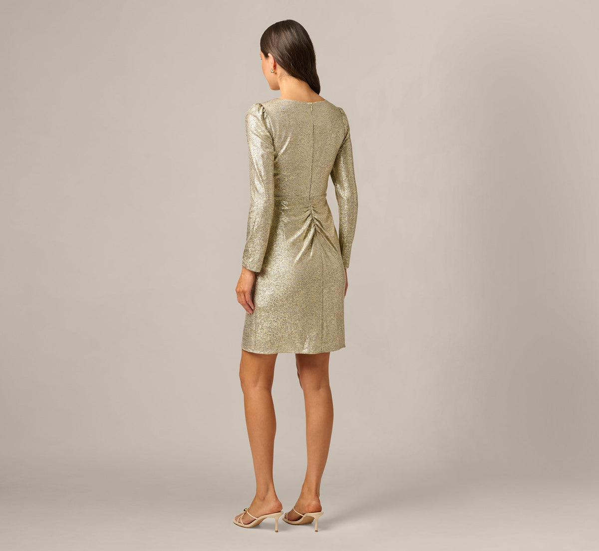 Petite Foil Knit Faux Wrap Dress With Long Sleeves - Light Gold | Adrianna Papell