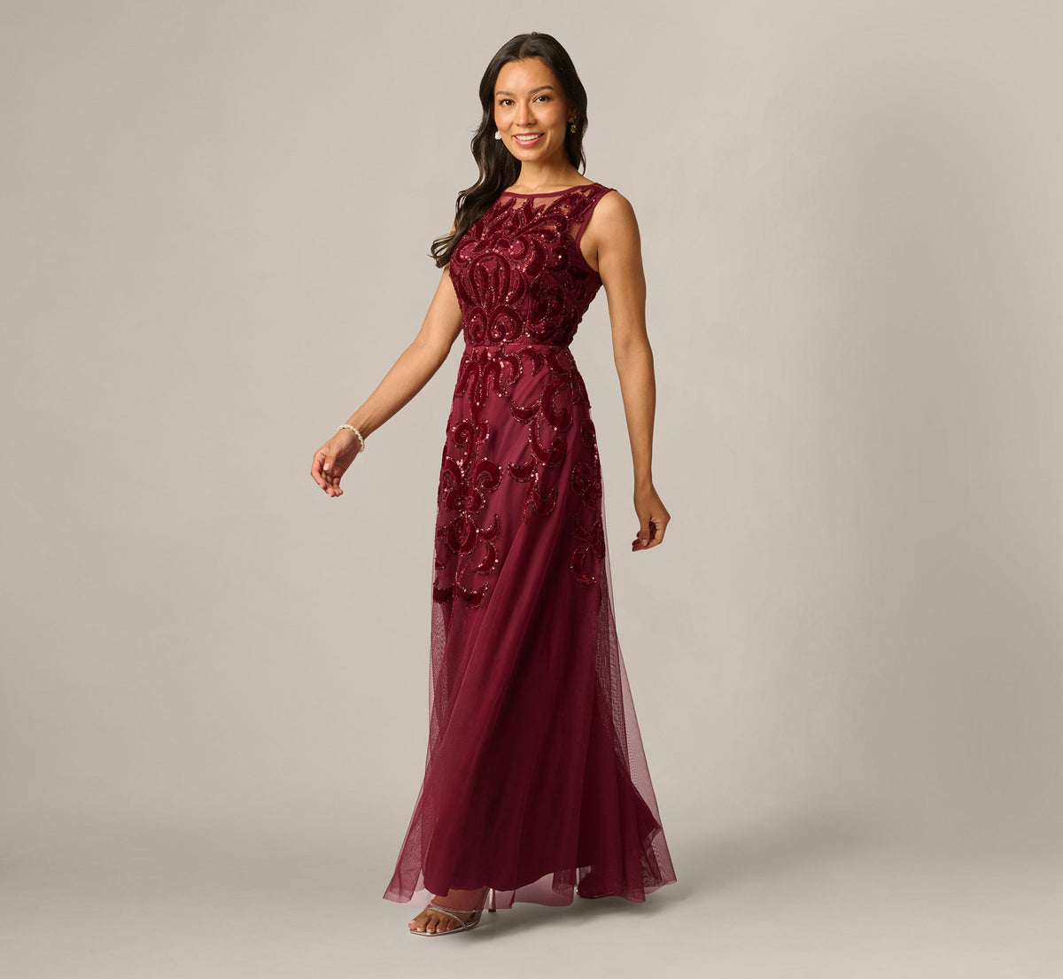 Petite Baroque Scroll Velvet Beaded Gown - Mahogany | Adrianna Papell