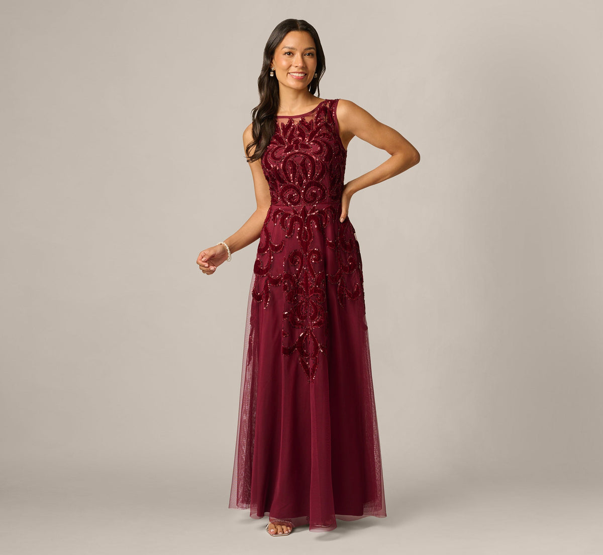 Petite Baroque Scroll Velvet Beaded Gown - Mahogany | Adrianna Papell