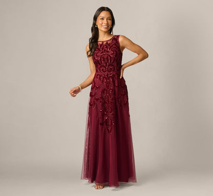 Petite Baroque Scroll Velvet Beaded Gown - Mahogany | Adrianna Papell