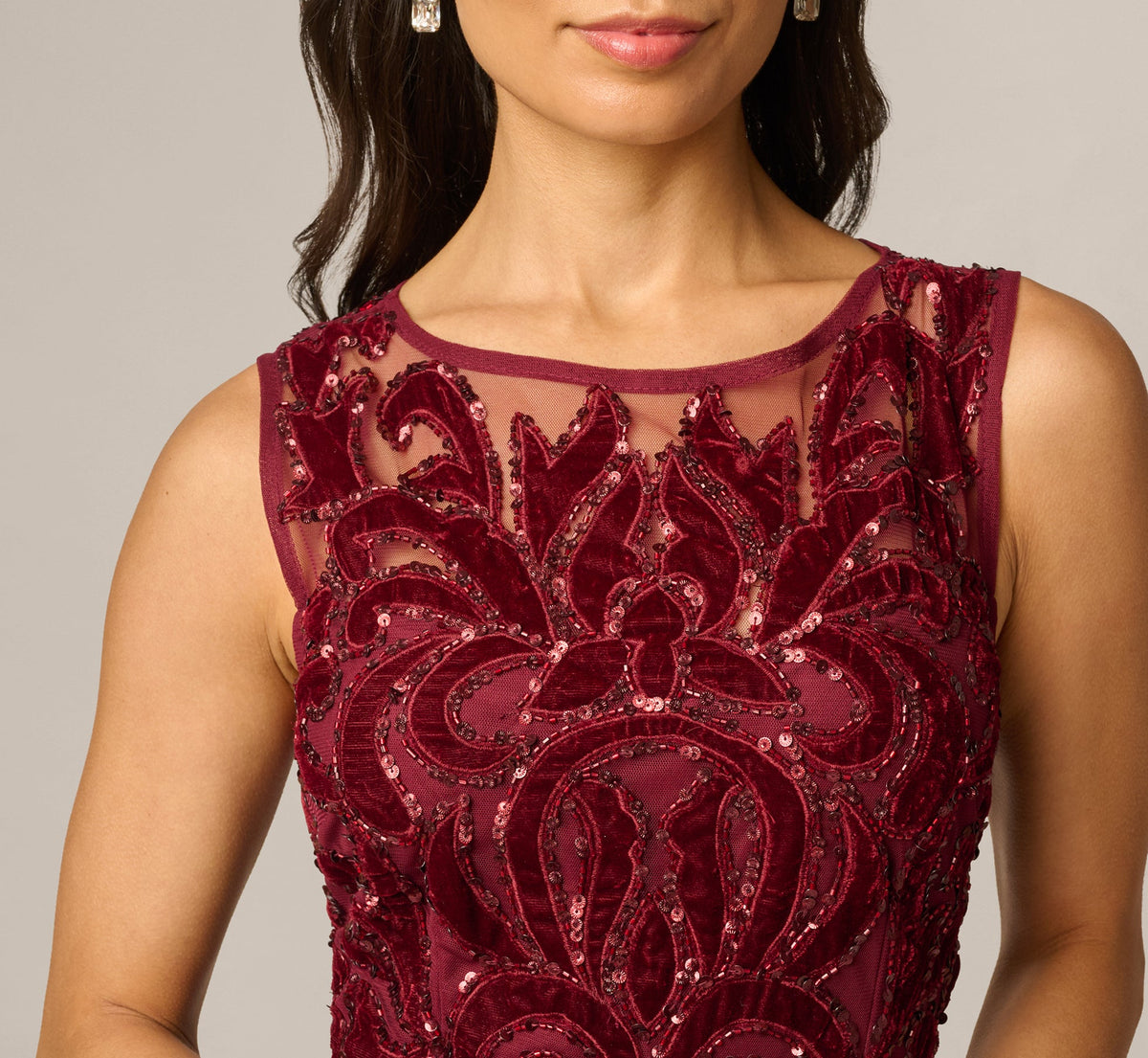 Petite Baroque Scroll Velvet Beaded Gown - Mahogany | Adrianna Papell