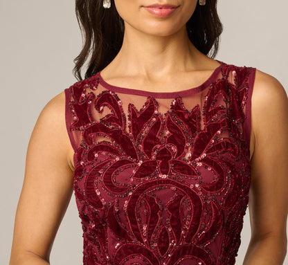Petite Baroque Scroll Velvet Beaded Gown - Mahogany | Adrianna Papell
