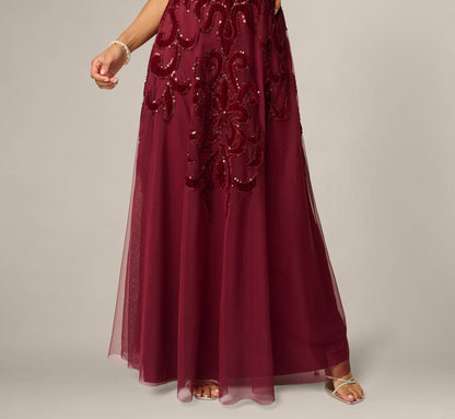 Petite Baroque Scroll Velvet Beaded Gown - Mahogany | Adrianna Papell