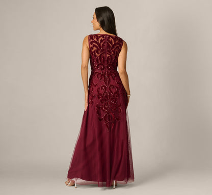 Petite Baroque Scroll Velvet Beaded Gown - Mahogany | Adrianna Papell