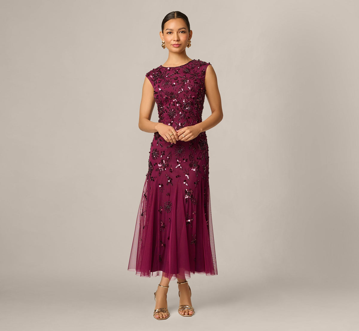 Petite Floral Beaded Ankle Length Gown - Bordeaux | Adrianna Papell