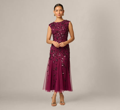 Petite Floral Beaded Ankle Length Gown - Bordeaux | Adrianna Papell