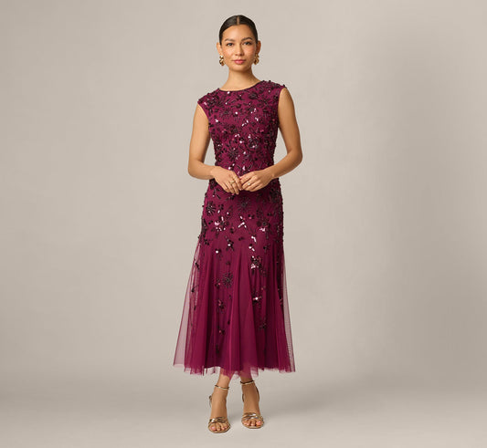 Petite Floral Beaded Ankle Length Gown - Bordeaux | Adrianna Papell