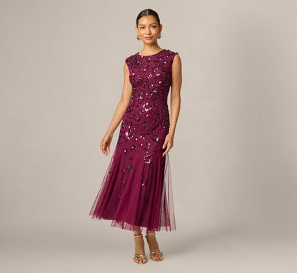 Petite Floral Beaded Ankle Length Gown - Bordeaux | Adrianna Papell