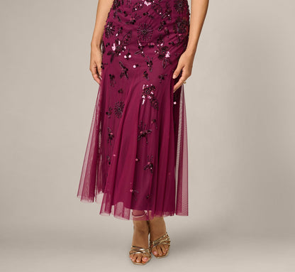 Petite Floral Beaded Ankle Length Gown - Bordeaux | Adrianna Papell