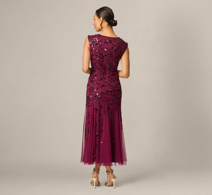 Petite Floral Beaded Ankle Length Gown - Bordeaux | Adrianna Papell
