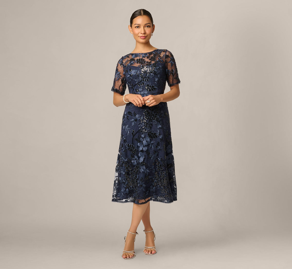 Petite Sequin Embroidered Midi Dress With Sheer Short Sleeves - Navy | Adrianna Papell