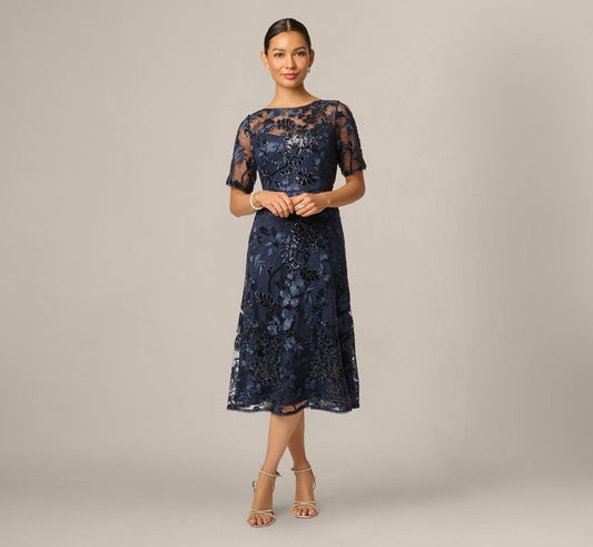 Petite Sequin Embroidered Midi Dress With Sheer Short Sleeves - Navy | Adrianna Papell