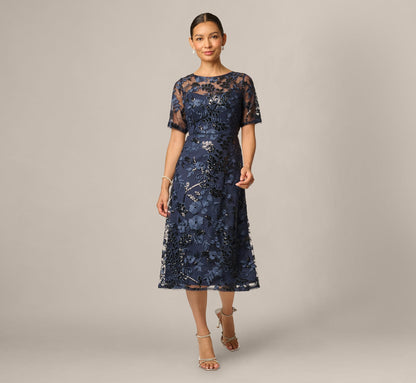 Petite Sequin Embroidered Midi Dress With Sheer Short Sleeves - Navy | Adrianna Papell