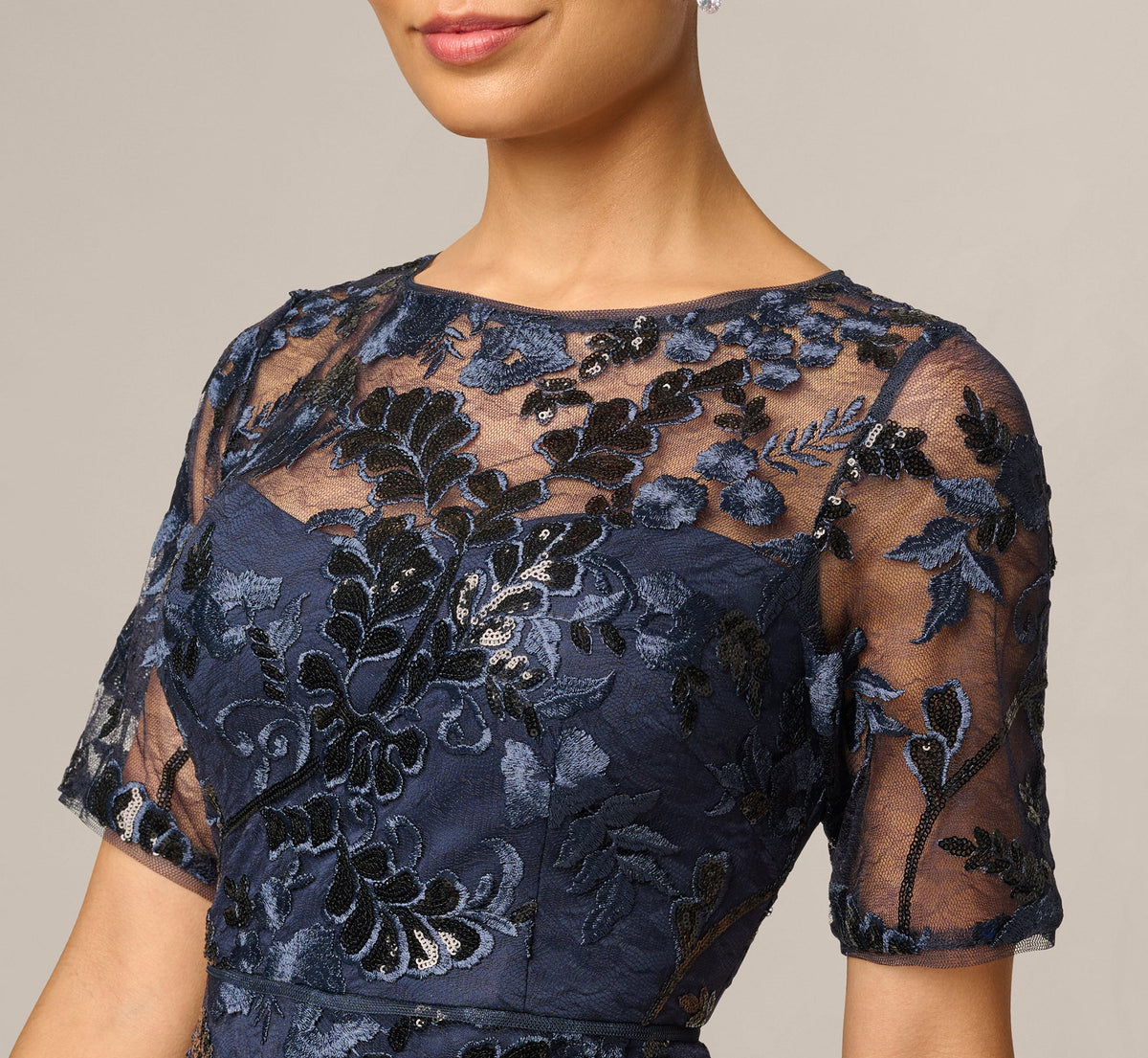 Petite Sequin Embroidered Midi Dress With Sheer Short Sleeves - Navy | Adrianna Papell