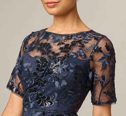 Petite Sequin Embroidered Midi Dress With Sheer Short Sleeves - Navy | Adrianna Papell