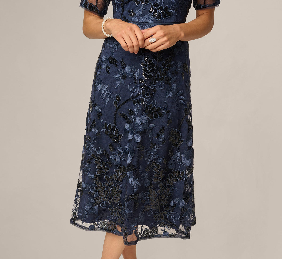 Petite Sequin Embroidered Midi Dress With Sheer Short Sleeves - Navy | Adrianna Papell