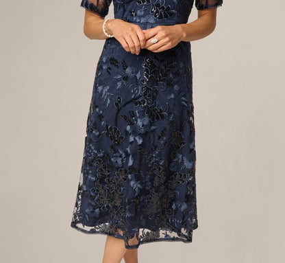 Petite Sequin Embroidered Midi Dress With Sheer Short Sleeves - Navy | Adrianna Papell