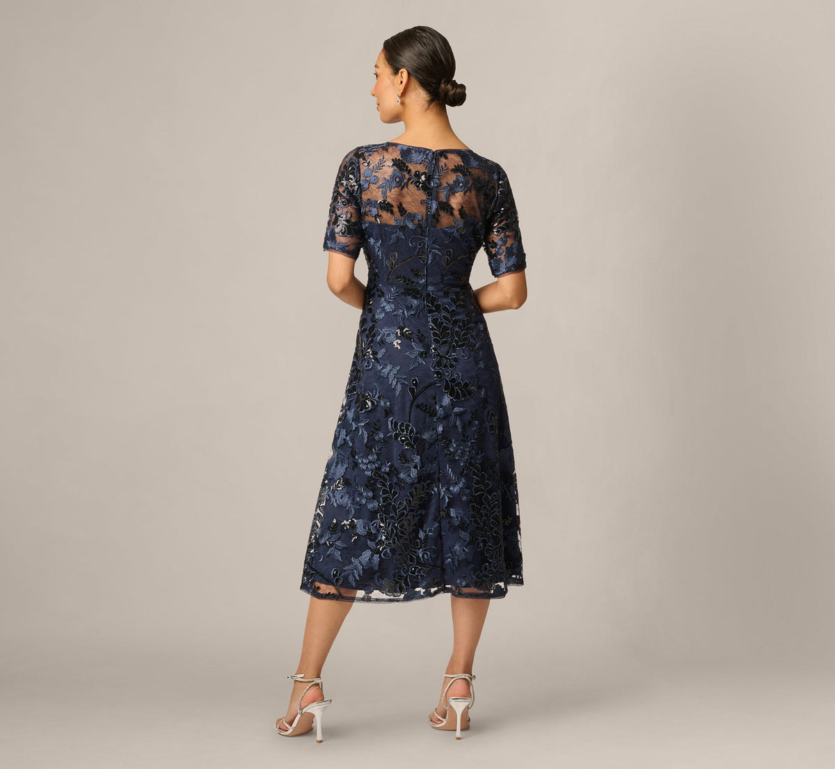 Petite Sequin Embroidered Midi Dress With Sheer Short Sleeves - Navy | Adrianna Papell