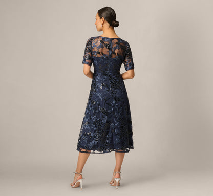 Petite Sequin Embroidered Midi Dress With Sheer Short Sleeves - Navy | Adrianna Papell