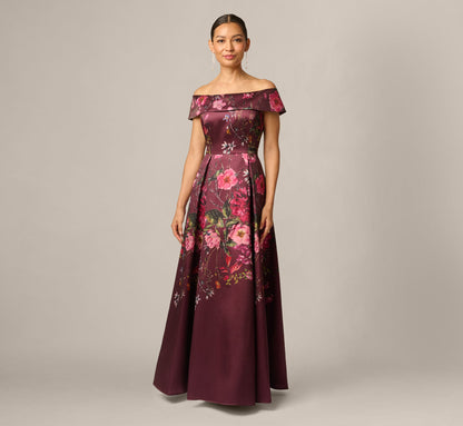 Petite Off Shoulder Garden Floral Mikado Ballgown - Burgundy Multi | Adrianna Papell