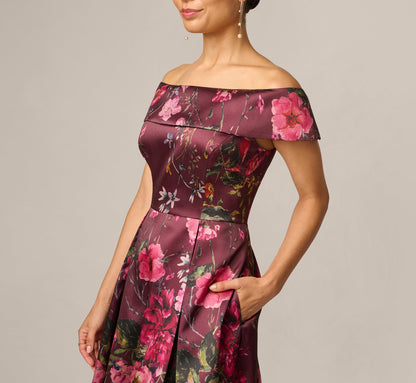 Petite Off Shoulder Garden Floral Mikado Ballgown - Burgundy Multi | Adrianna Papell