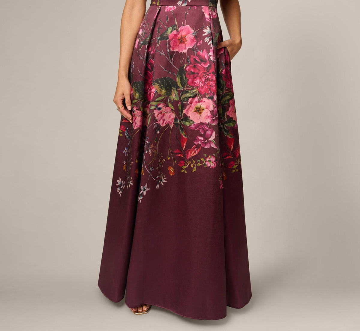 Petite Off Shoulder Garden Floral Mikado Ballgown - Burgundy Multi | Adrianna Papell