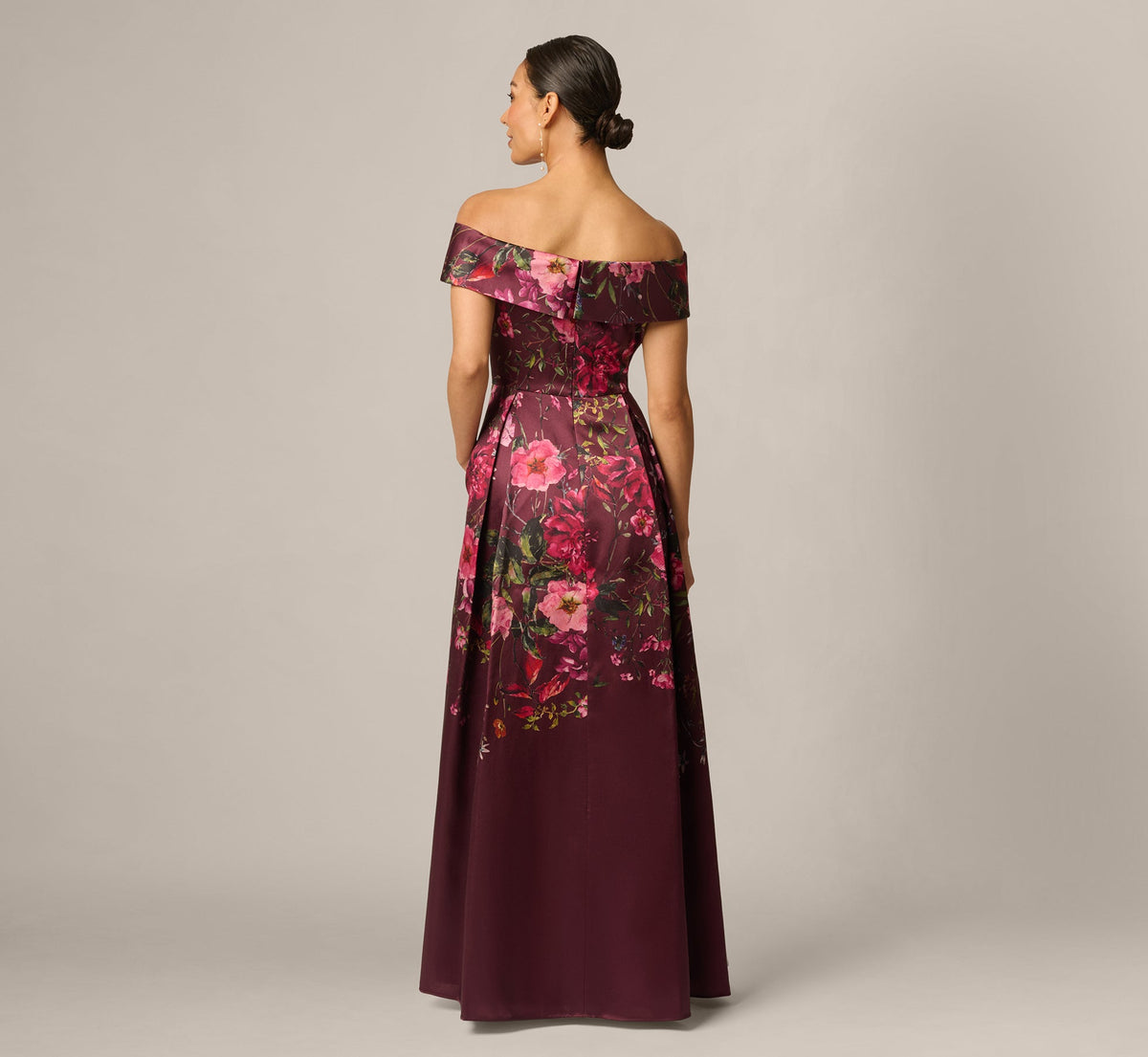 Petite Off Shoulder Garden Floral Mikado Ballgown - Burgundy Multi | Adrianna Papell