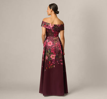 Petite Off Shoulder Garden Floral Mikado Ballgown - Burgundy Multi | Adrianna Papell