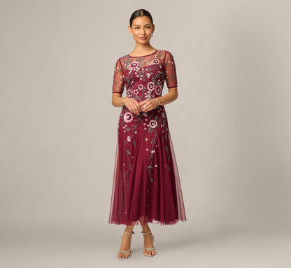 Petite Short Sleeve Floral Beaded Sequin Ankle Length Dress - Mahogany | Adrianna Papell