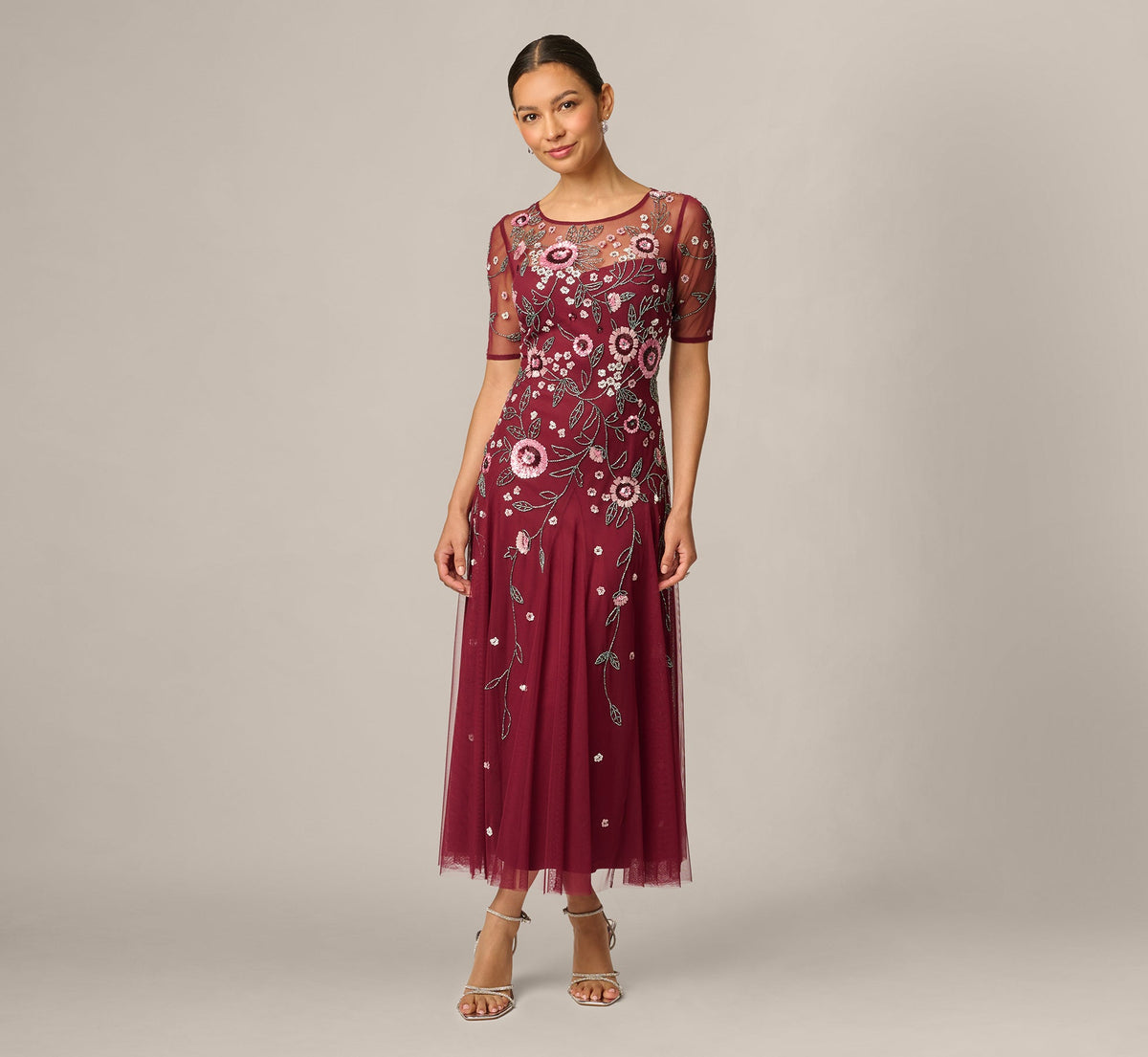 Petite Short Sleeve Floral Beaded Sequin Ankle Length Dress - Mahogany | Adrianna Papell