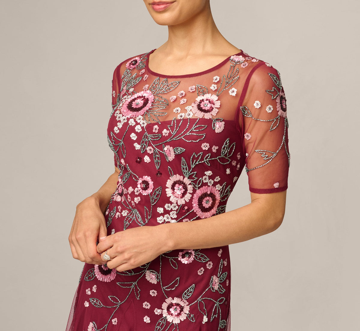 Petite Short Sleeve Floral Beaded Sequin Ankle Length Dress - Mahogany | Adrianna Papell