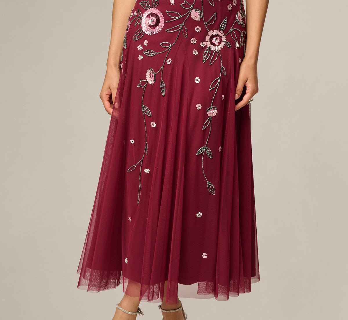 Petite Short Sleeve Floral Beaded Sequin Ankle Length Dress - Mahogany | Adrianna Papell