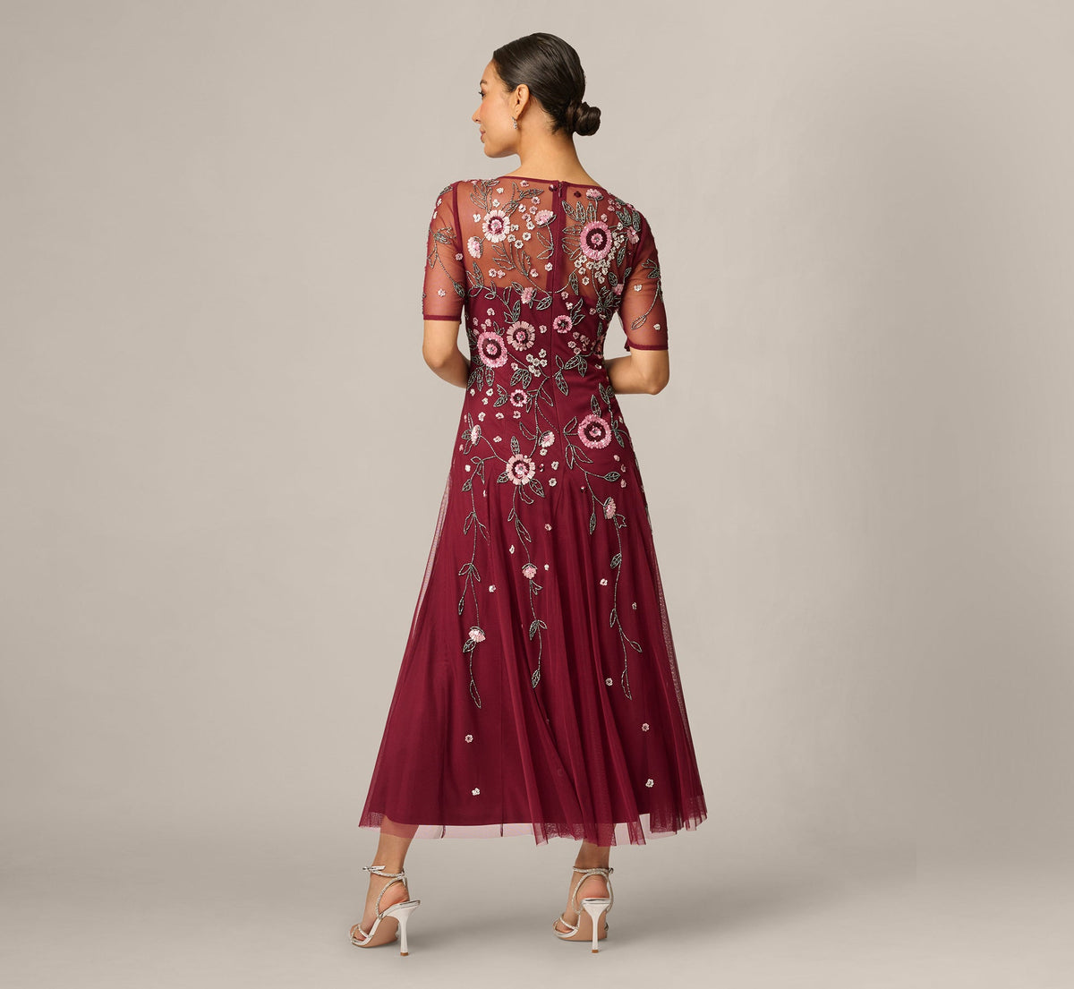 Petite Short Sleeve Floral Beaded Sequin Ankle Length Dress - Mahogany | Adrianna Papell