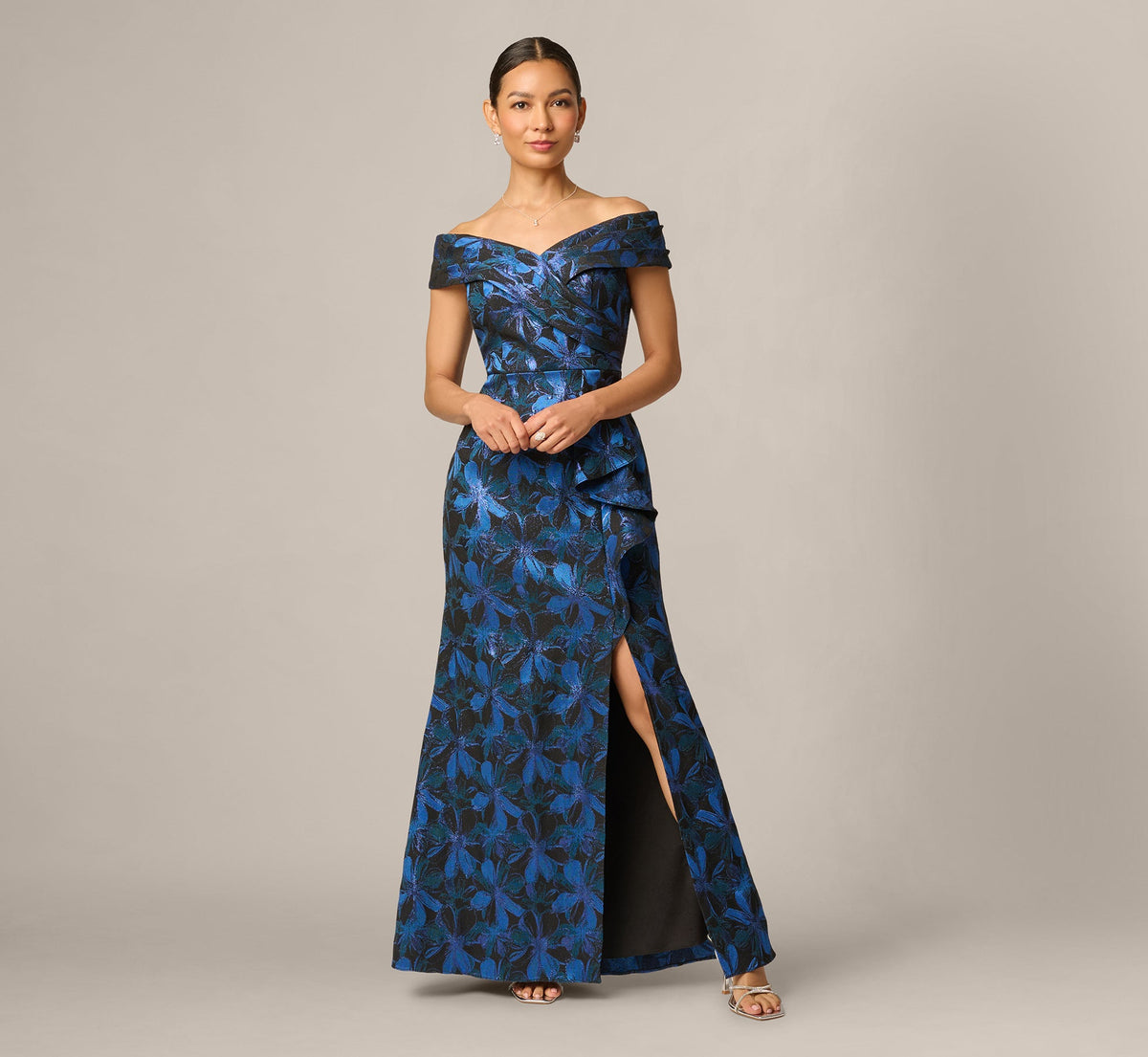 Petite Off Shoulder Jacquard Gown - Blue Multi | Adrianna Papell