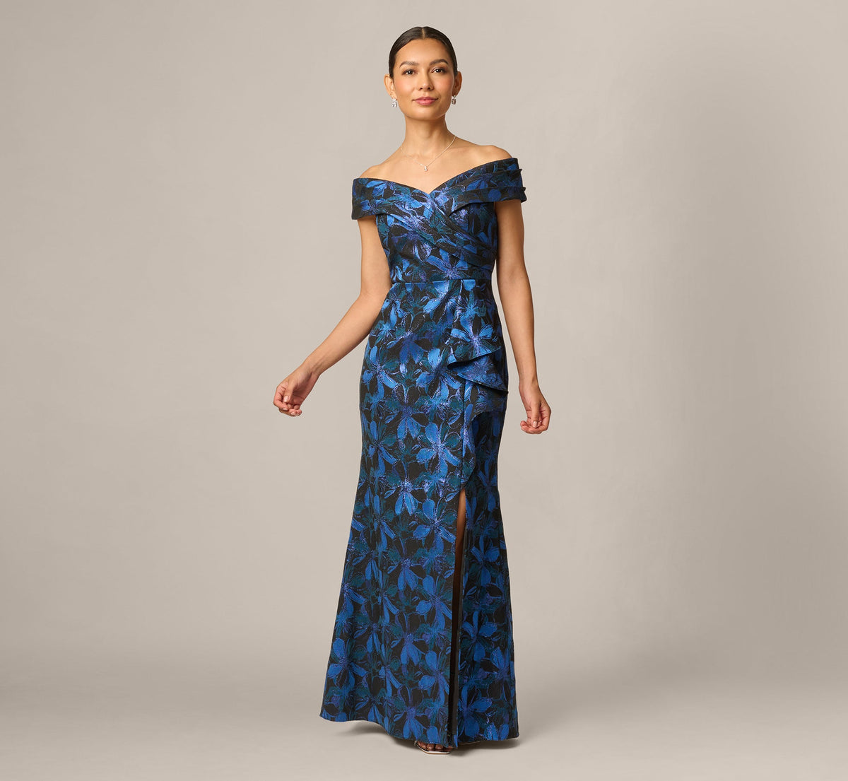 Petite Off Shoulder Jacquard Gown - Blue Multi | Adrianna Papell