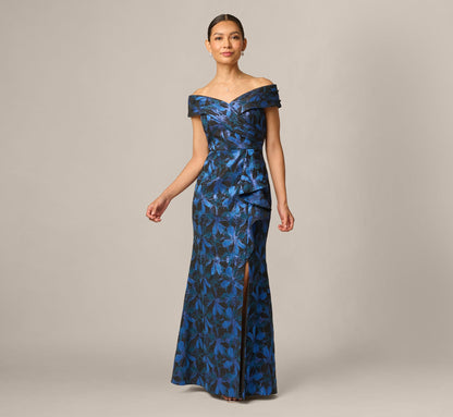 Petite Off Shoulder Jacquard Gown - Blue Multi | Adrianna Papell