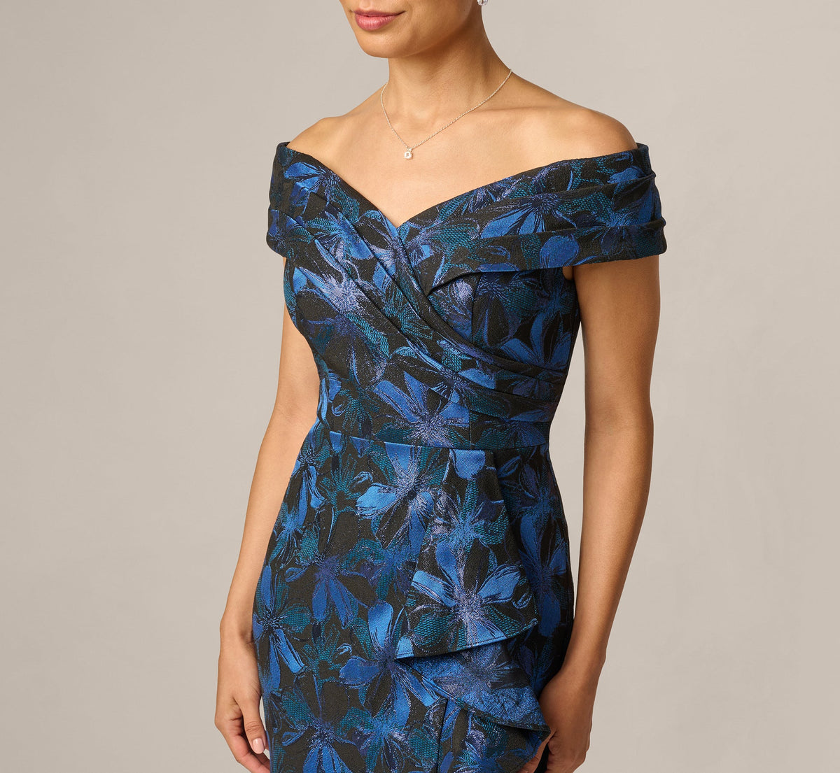 Petite Off Shoulder Jacquard Gown - Blue Multi | Adrianna Papell