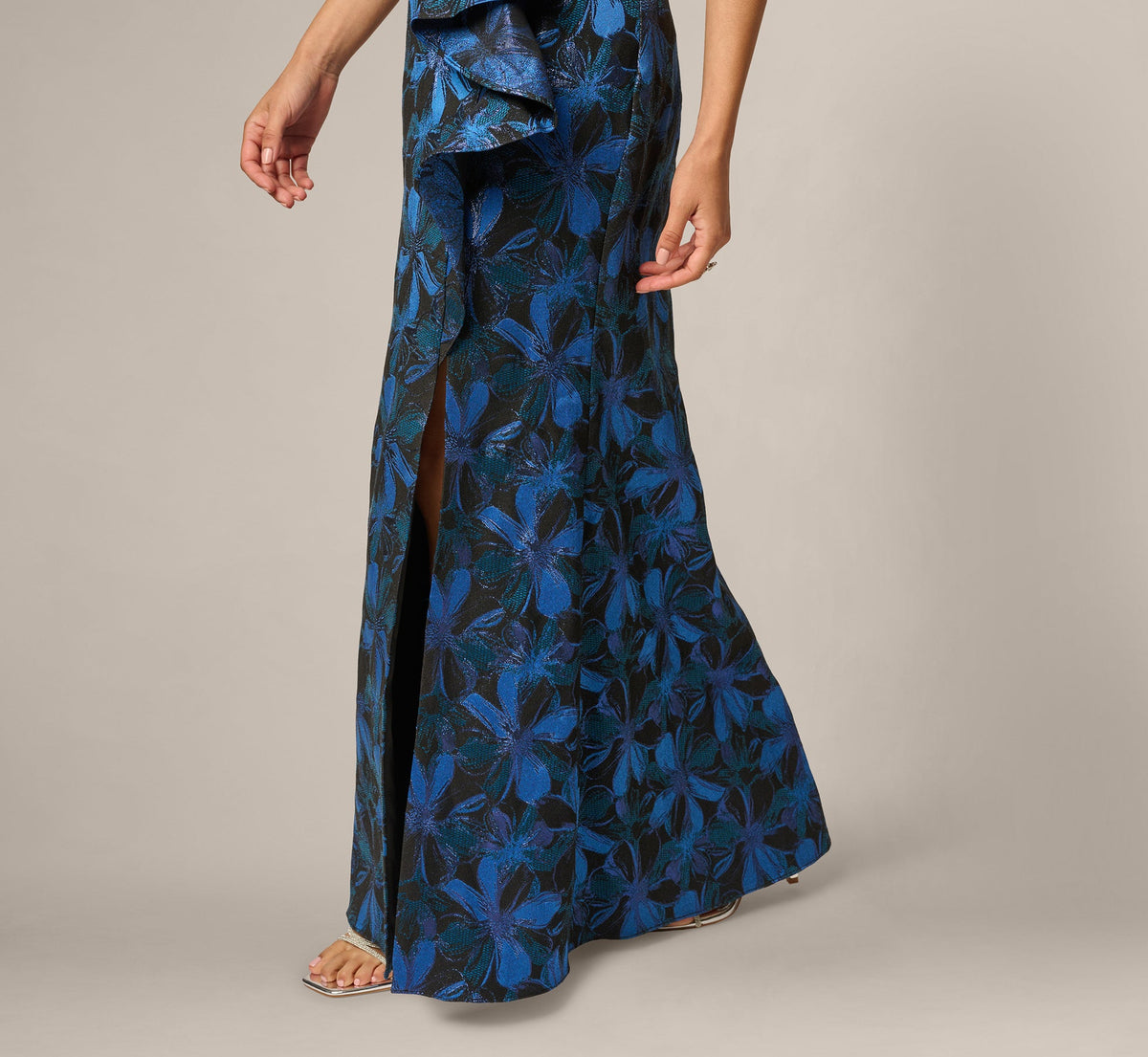 Petite Off Shoulder Jacquard Gown - Blue Multi | Adrianna Papell