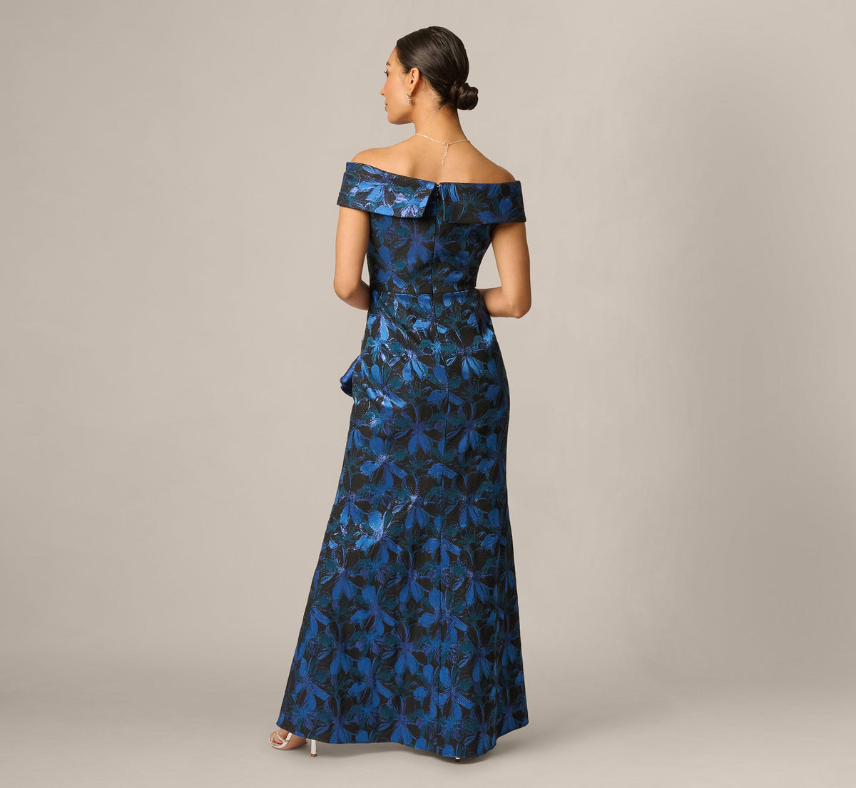Petite Off Shoulder Jacquard Gown - Blue Multi | Adrianna Papell
