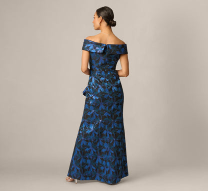 Petite Off Shoulder Jacquard Gown - Blue Multi | Adrianna Papell