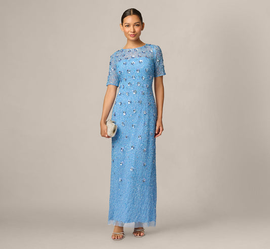Petite Long Hand Beaded 3D Floral Dress With Elbow Sleeves - Bluebell | Adrianna Papell
