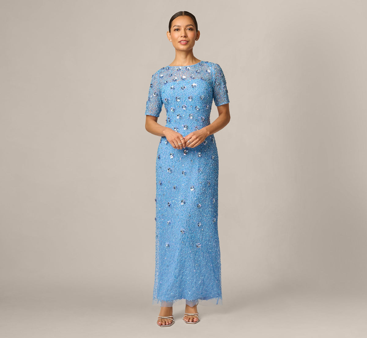 Petite Long Hand Beaded 3D Floral Dress With Elbow Sleeves - Bluebell | Adrianna Papell