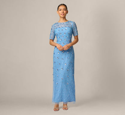 Petite Long Hand Beaded 3D Floral Dress With Elbow Sleeves - Bluebell | Adrianna Papell