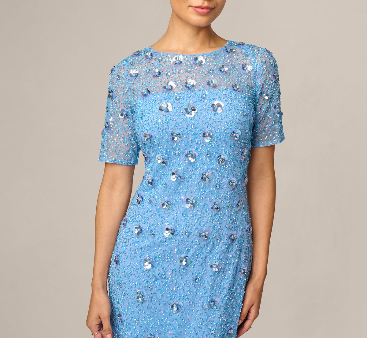 Petite Long Hand Beaded 3D Floral Dress With Elbow Sleeves - Bluebell | Adrianna Papell
