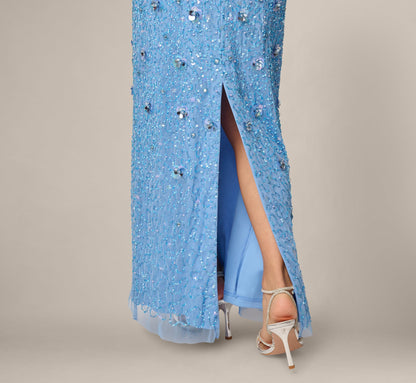 Petite Long Hand Beaded 3D Floral Dress With Elbow Sleeves - Bluebell | Adrianna Papell