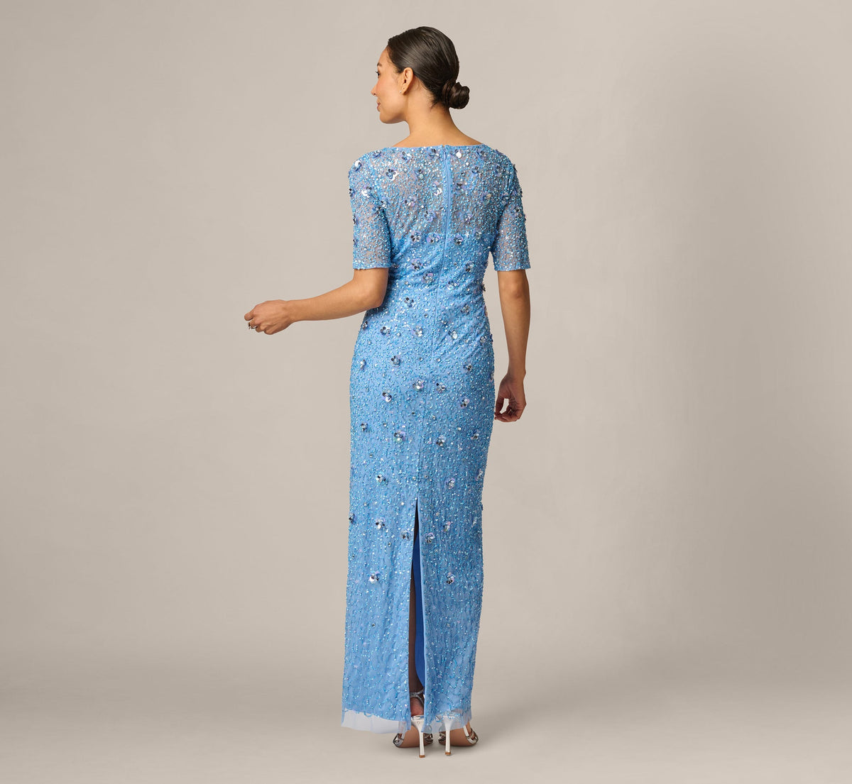 Petite Long Hand Beaded 3D Floral Dress With Elbow Sleeves - Bluebell | Adrianna Papell