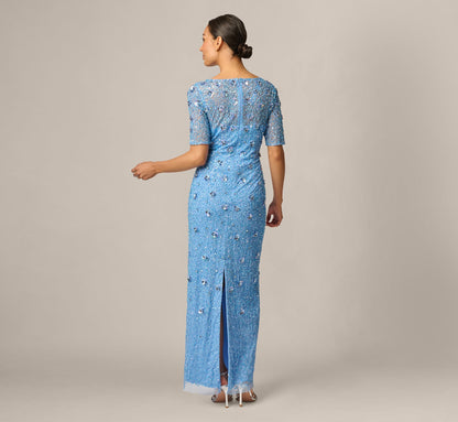 Petite Long Hand Beaded 3D Floral Dress With Elbow Sleeves - Bluebell | Adrianna Papell