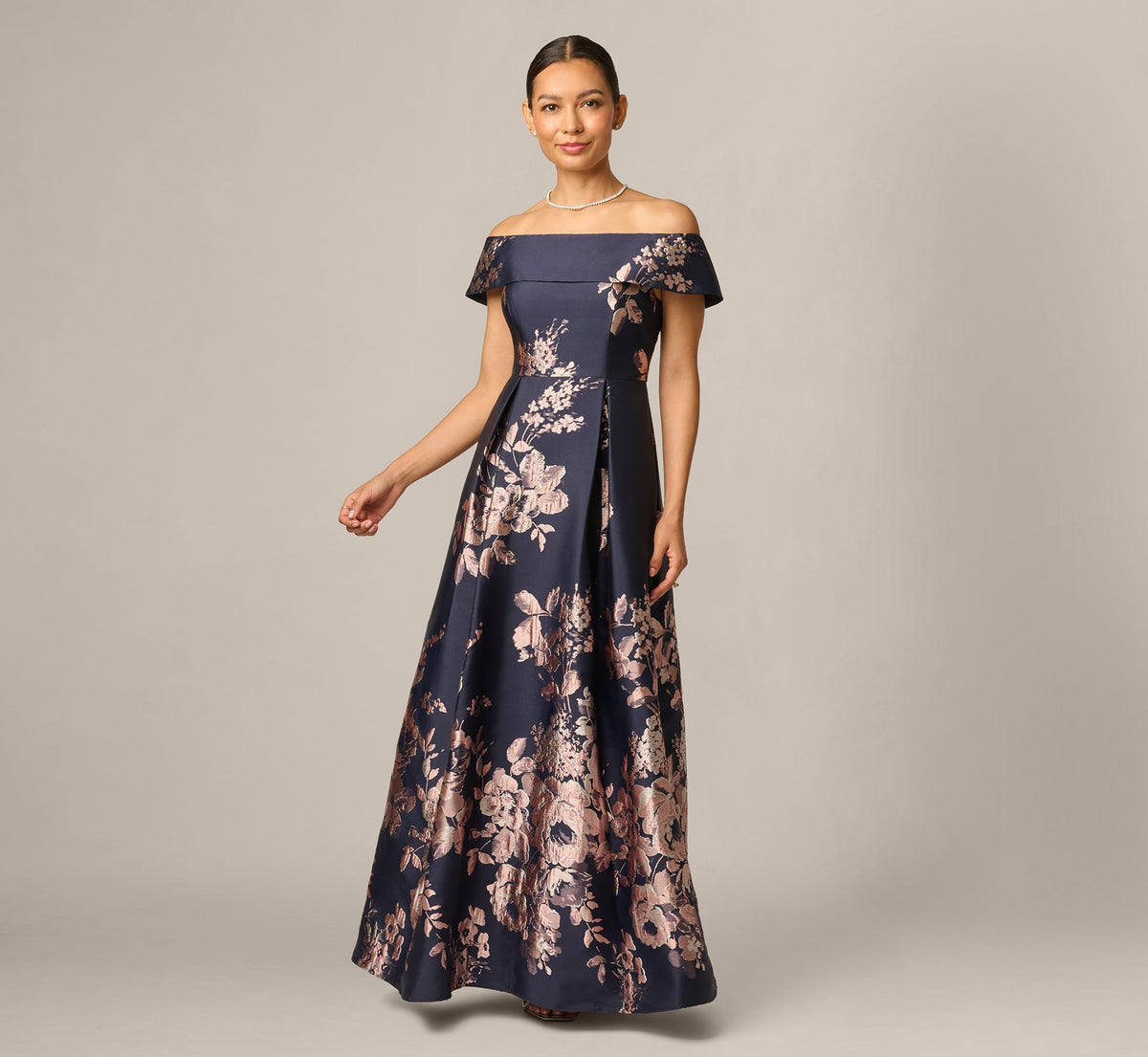 Petite Off Shoulder Metallic Floral Jacquard Gown - Navy Blush | Adrianna Papell