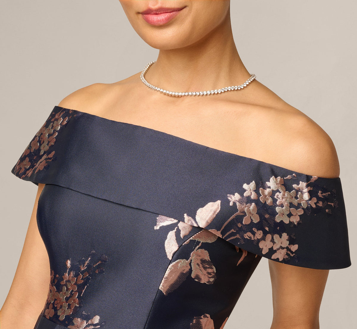 Petite Off Shoulder Metallic Floral Jacquard Gown - Navy Blush | Adrianna Papell