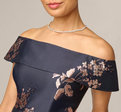 Petite Off Shoulder Metallic Floral Jacquard Gown - Navy Blush | Adrianna Papell